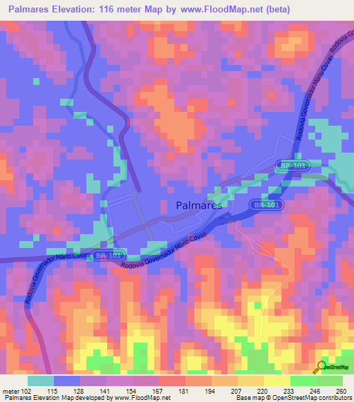 Palmares,Brazil Elevation Map