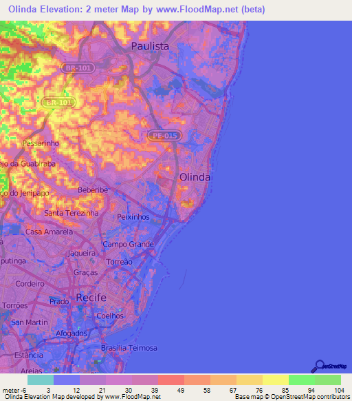 Olinda,Brazil Elevation Map