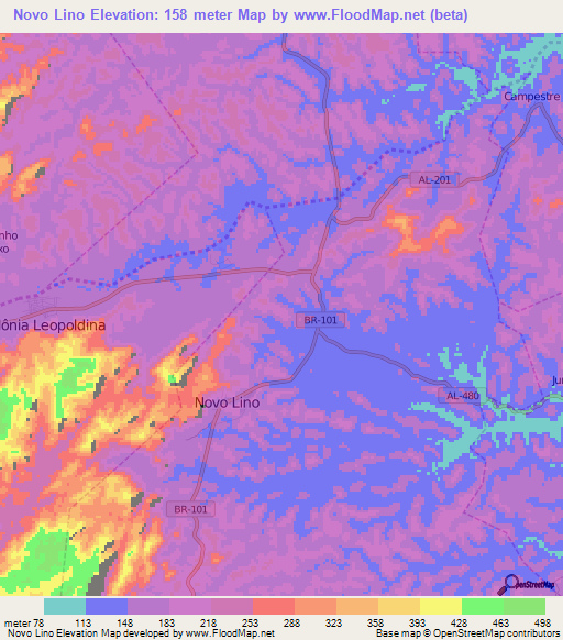 Novo Lino,Brazil Elevation Map
