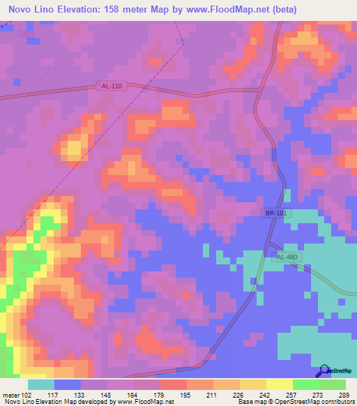 Novo Lino,Brazil Elevation Map