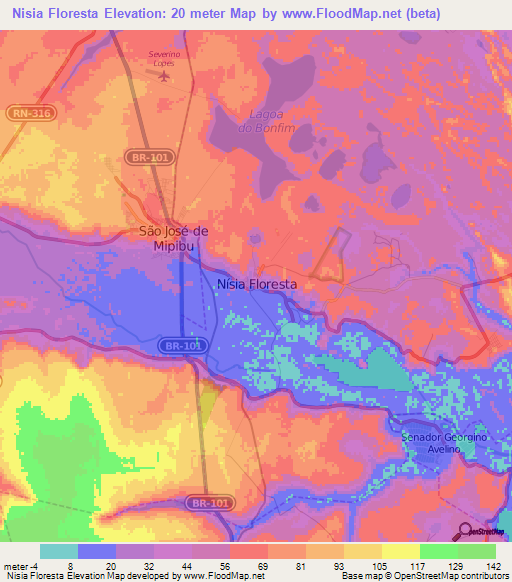 Nisia Floresta,Brazil Elevation Map