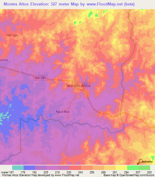 Montes Altos,Brazil Elevation Map