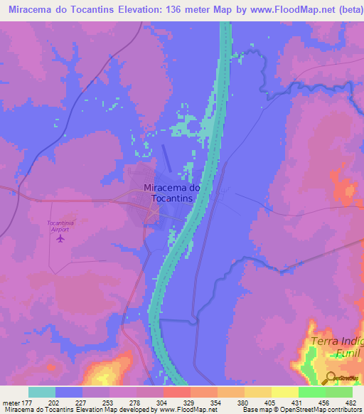 Miracema do Tocantins,Brazil Elevation Map