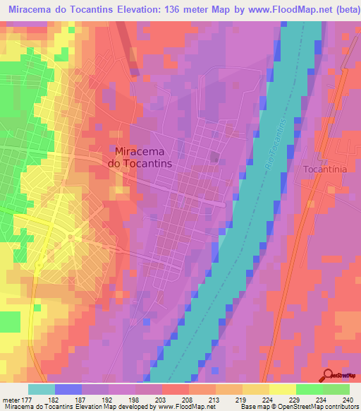 Miracema do Tocantins,Brazil Elevation Map