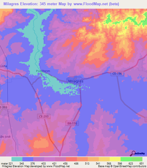 Milagres,Brazil Elevation Map