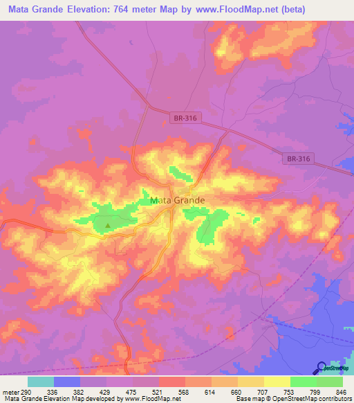 Mata Grande,Brazil Elevation Map