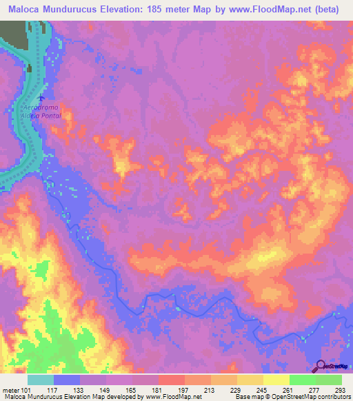 Maloca Mundurucus,Brazil Elevation Map