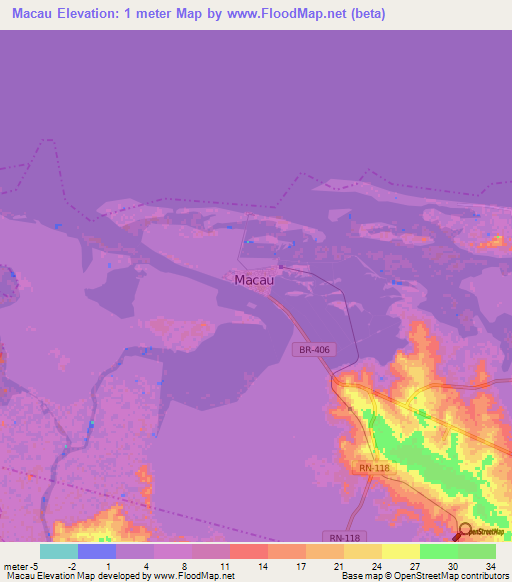 Macau,Brazil Elevation Map