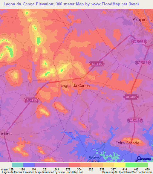 Lagoa da Canoa,Brazil Elevation Map