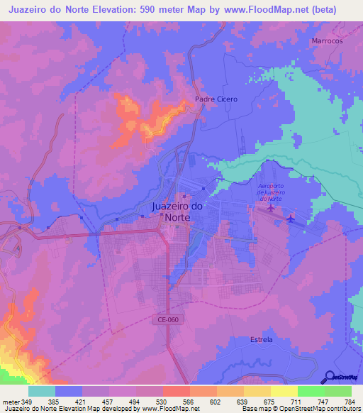 Juazeiro do Norte,Brazil Elevation Map