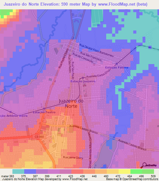 Juazeiro do Norte,Brazil Elevation Map