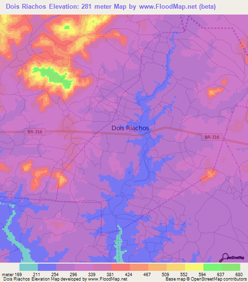 Dois Riachos,Brazil Elevation Map