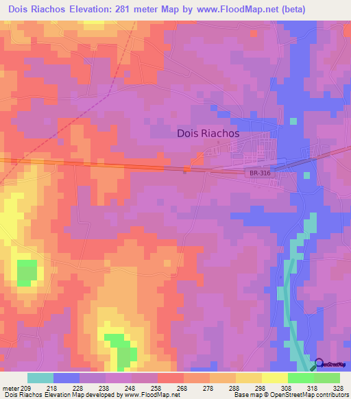 Dois Riachos,Brazil Elevation Map