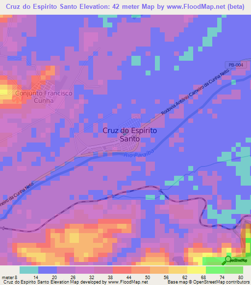 Cruz do Espirito Santo,Brazil Elevation Map