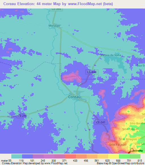 Coreau,Brazil Elevation Map