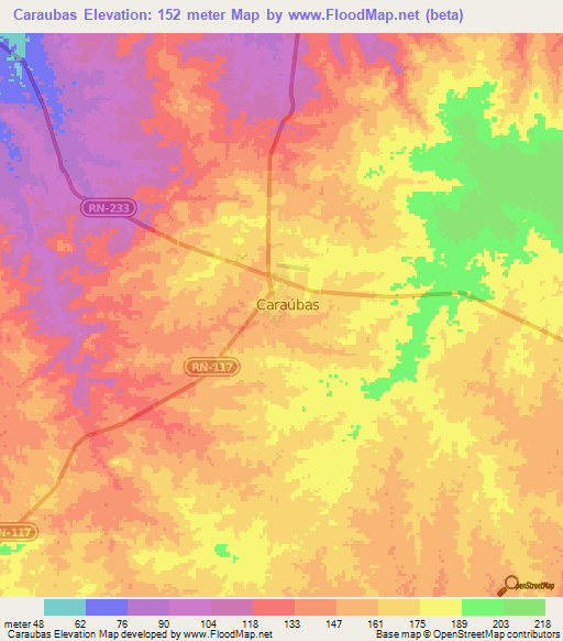 Caraubas,Brazil Elevation Map