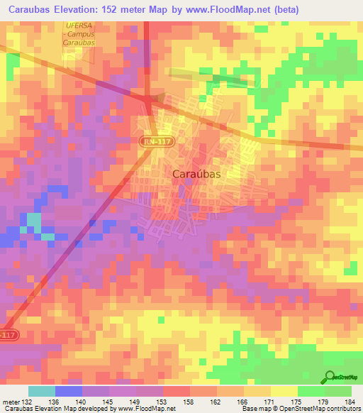 Caraubas,Brazil Elevation Map