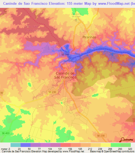 Caninde de Sao Francisco,Brazil Elevation Map