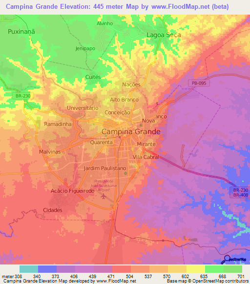 Campina Grande,Brazil Elevation Map