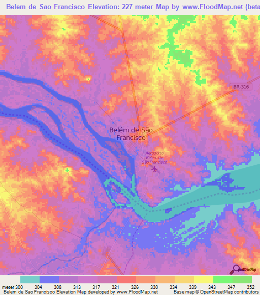 Belem de Sao Francisco,Brazil Elevation Map