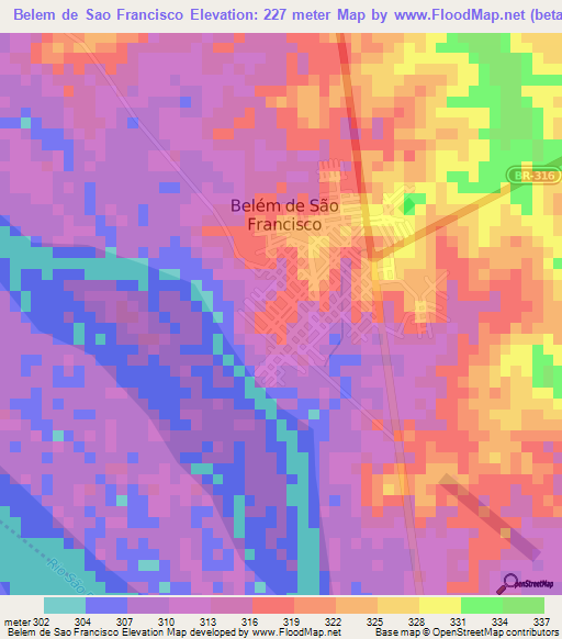 Belem de Sao Francisco,Brazil Elevation Map