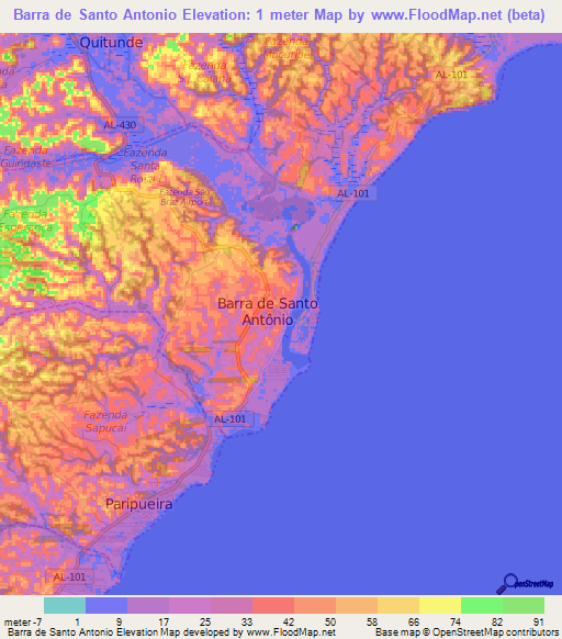 Barra de Santo Antonio,Brazil Elevation Map