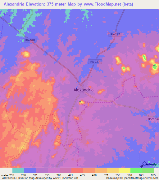 Alexandria,Brazil Elevation Map