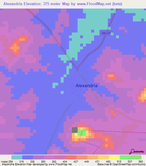 Alexandria,Brazil Elevation Map