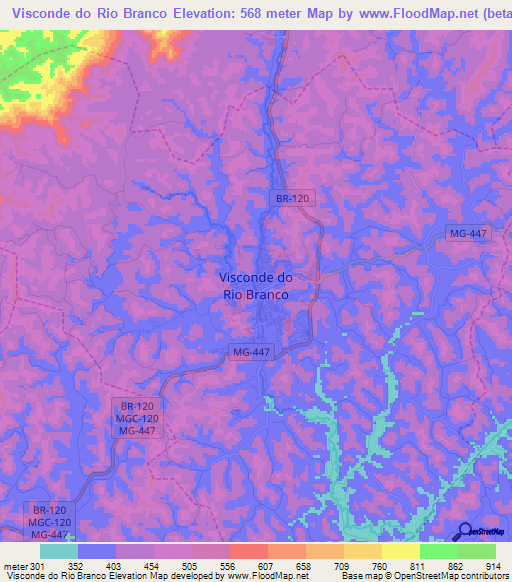 Visconde do Rio Branco,Brazil Elevation Map