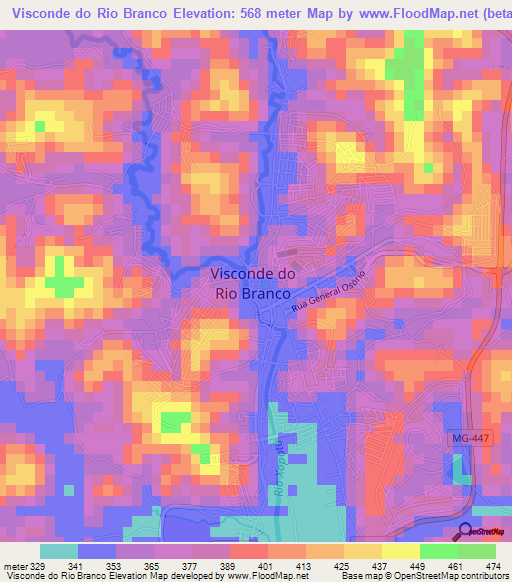 Visconde do Rio Branco,Brazil Elevation Map