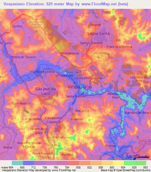 Vespasiano,Brazil Elevation Map