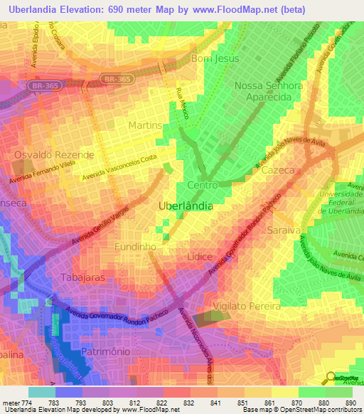 Uberlandia,Brazil Elevation Map