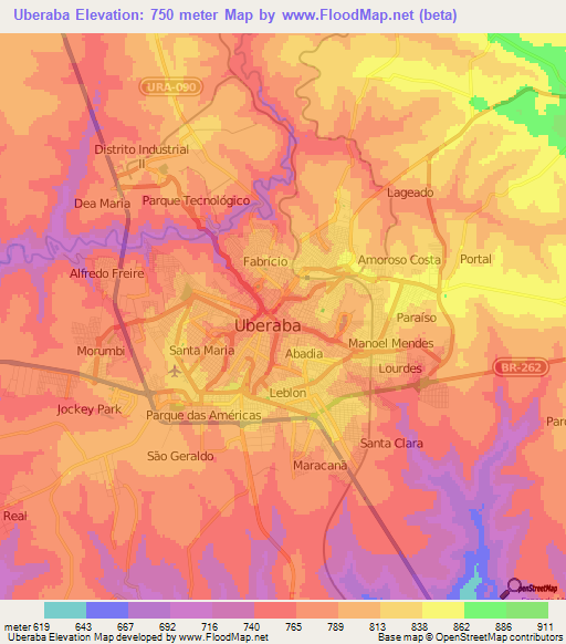 Uberaba,Brazil Elevation Map