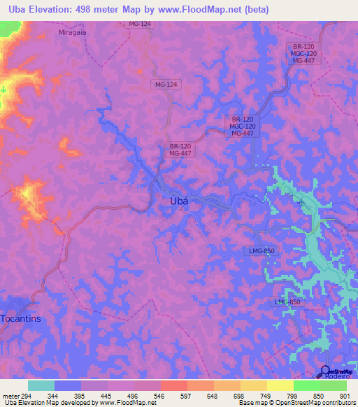 Uba,Brazil Elevation Map