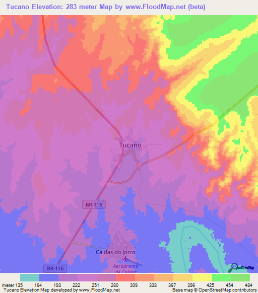 Tucano,Brazil Elevation Map