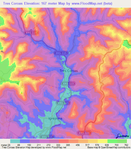 Tres Coroas,Brazil Elevation Map