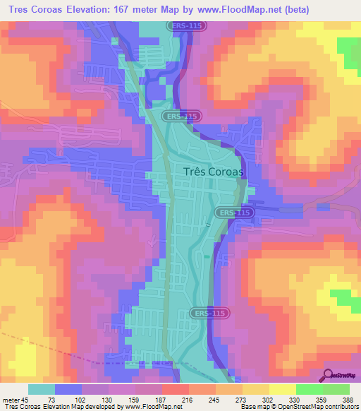 Tres Coroas,Brazil Elevation Map