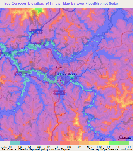 Tres Coracoes,Brazil Elevation Map