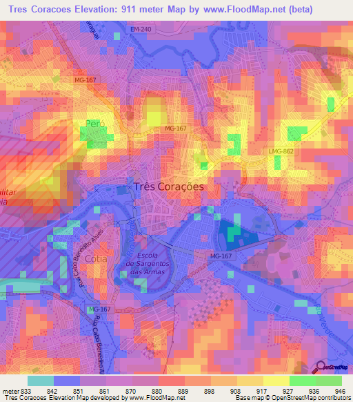 Tres Coracoes,Brazil Elevation Map