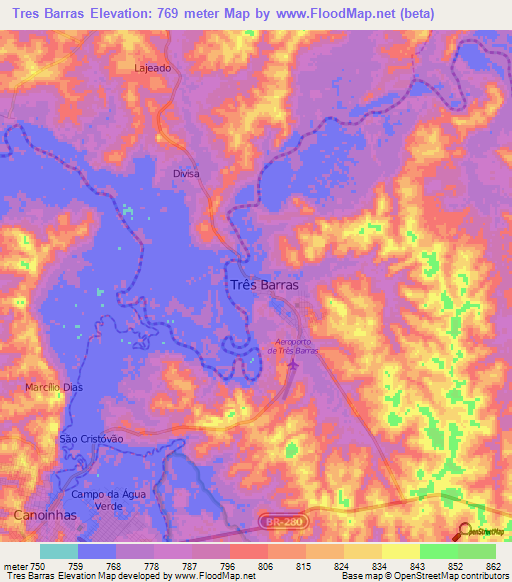 Tres Barras,Brazil Elevation Map