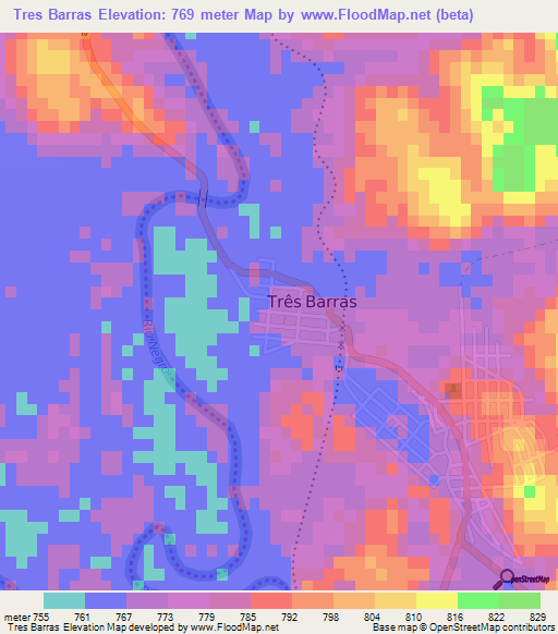 Tres Barras,Brazil Elevation Map