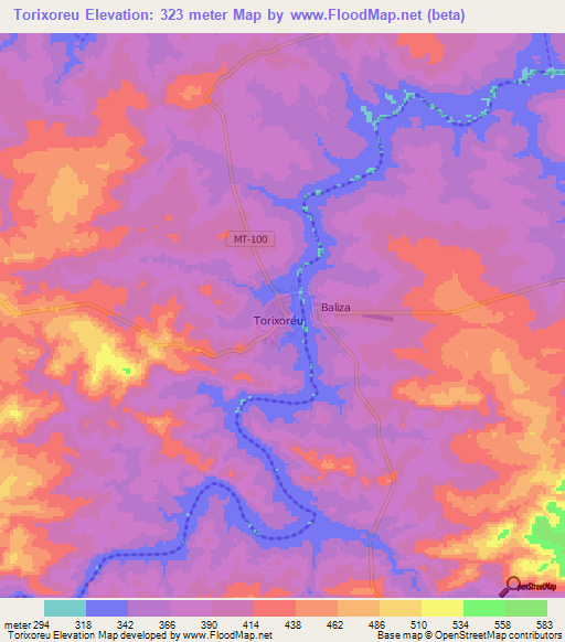 Torixoreu,Brazil Elevation Map