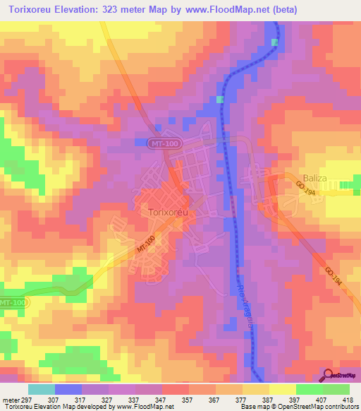 Torixoreu,Brazil Elevation Map