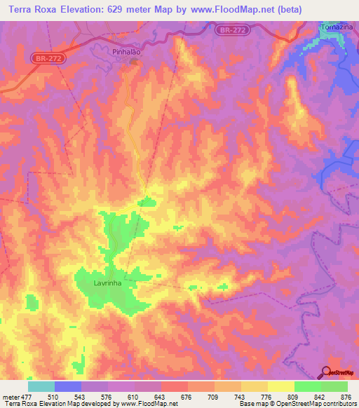 Terra Roxa,Brazil Elevation Map