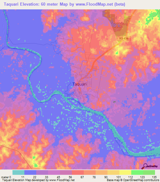 Taquari,Brazil Elevation Map