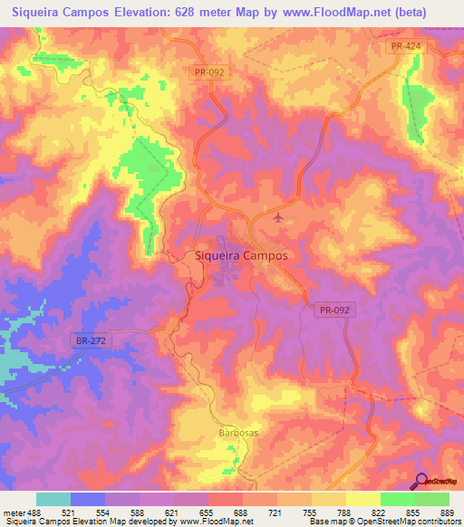 Siqueira Campos,Brazil Elevation Map