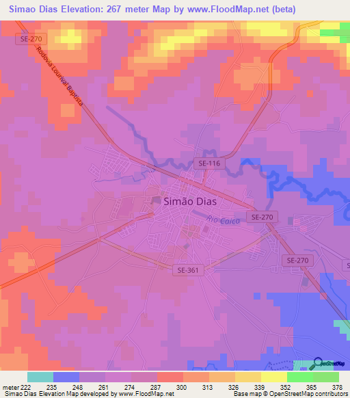 Simao Dias,Brazil Elevation Map