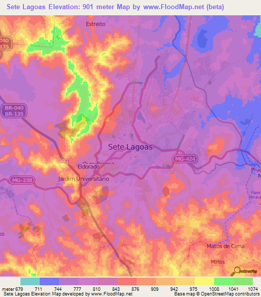 Sete Lagoas,Brazil Elevation Map