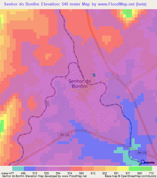 Senhor do Bonfim,Brazil Elevation Map