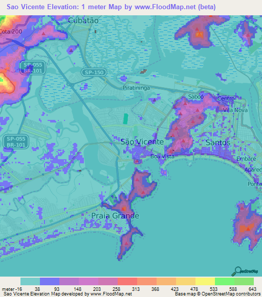 Sao Vicente,Brazil Elevation Map